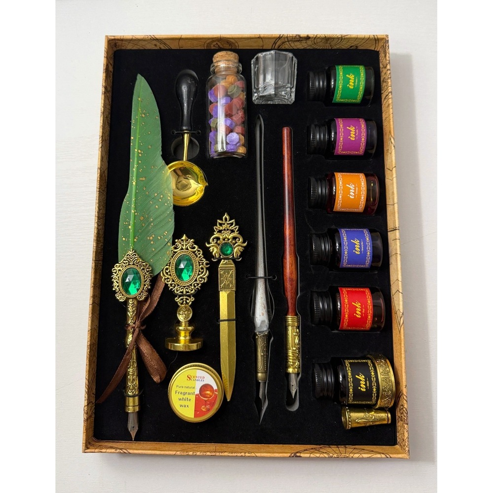 Calligraphy Set Pen Wax Seal Feather Quill Glass Dip Pen Ink Boxed Desk